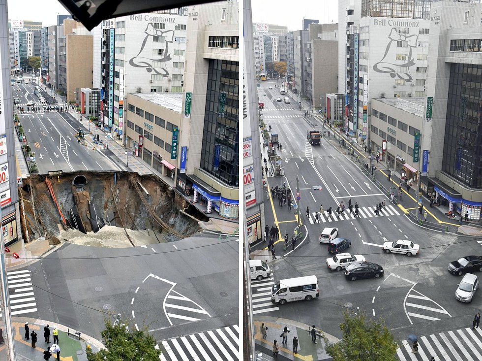 48 hodin stačilo Japoncům na kompletní opravu rušné silnice poblíž vlakového nádraží ve městě Fukuoka. Obří kráter, který byl 30 metrů dlouhý a 15 metrů hluboký, vznikl kvůli nedaleko budovanému tunelu metra.
