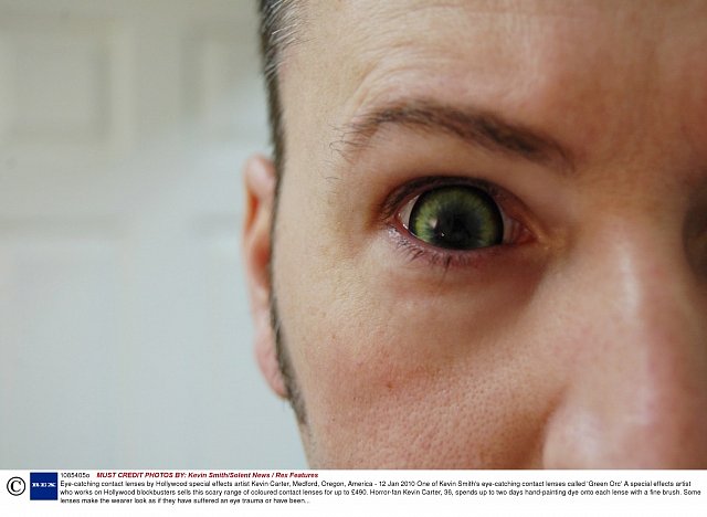 Mandatory Credit: Photo by Kevin Smith/Solent News / Rex Features ( 1085405o )
One of Kevin Smith\'s eye-catching contact lenses called \'Green Orc\'
Eye-catching contact lenses by Hollywood special