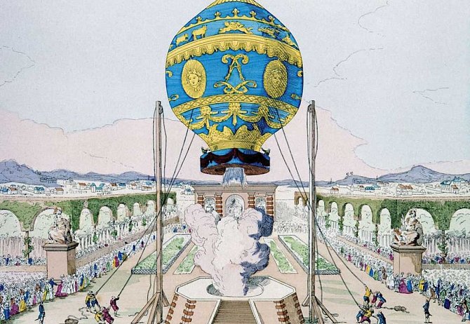 Dobová kresba zobrazující vypuštění balonu