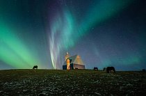 Polární záře tančí na noční obloze nad kostelem a koňmi v Selfossu na Islandu. „Poté, co jsem několik hodin fotografoval, jsem fotoaparát odložil a šel se dovnitř ohřát. V tu chvíli se obloha znovu rozzářila barvami,“ říká autor snímku Jaynie Bunnell.