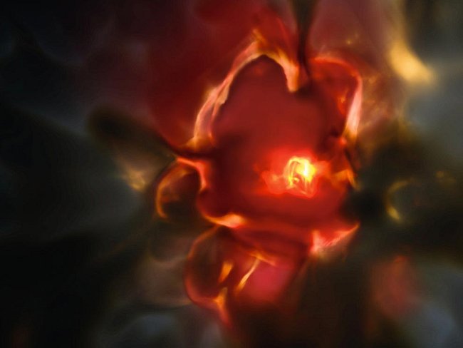 Jedna z prvních hvězd exploduje, proniká skrz halo neviditelné temné hmoty a osévá vesmír uhlíkem, kyslíkem a dalšími prvky. Tato počítačová simulace ukazuje, že hvězdy by nikdy nevznikly,  a určitě ne tak brzy – 100 milionů let po velkém třesku.