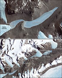 Vodopád ústí do jezera Bonney ev východní Antarktidě. 