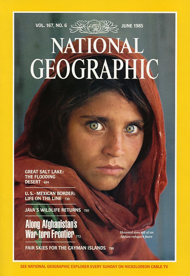 Obálka NG z června 1985 je symbolem NG. Vznikla v Pákistánu a je na ní mladá afghánská dívka v uprchlickém táboře. 