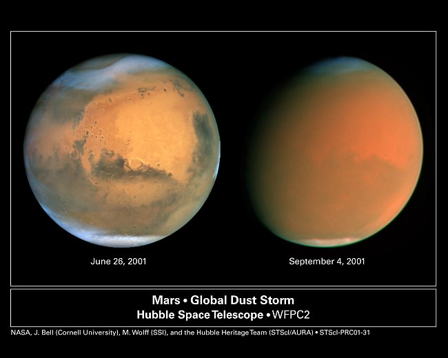 Prachová bouře na Marsu v roce 2001. 