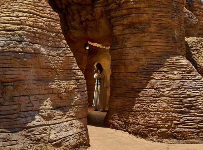 Job prochází replikou Kumránských jeskyní v izraelské poušti, kde byly nalezeny první svitky od Mrtvého moře.