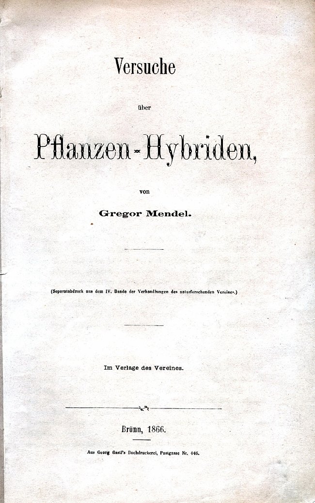 První strana Mendelova separátu práce Pokusy s hybridy rostlin. 