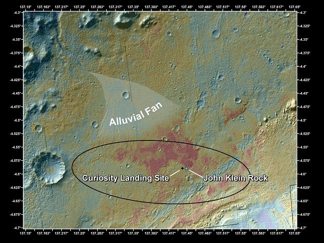 Místo odběru vzorku horniny (Galeův kráter)