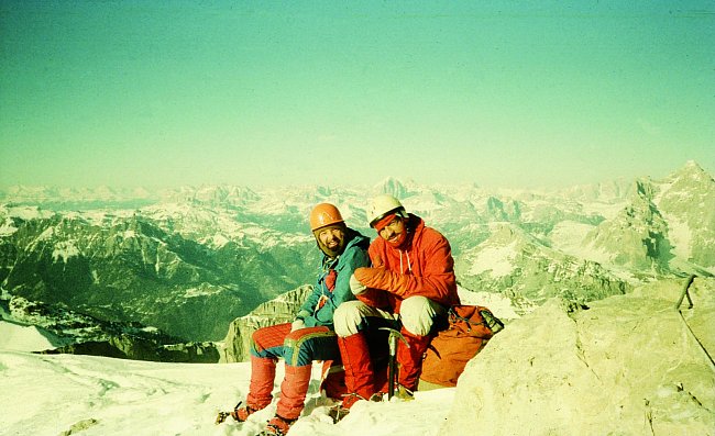 Josef Rakoncaj a Jaromír Stejskal Monte Agner, 2 872 m, severní stěna, 1 600 m, první zimní výstup Messner Route, Dolomity 1980