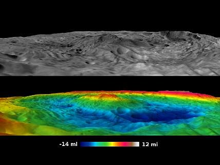 Pohled na kráter Rheasilvia - dolní obrázek je zvýrazněn barvami, aby lépe vynikl výškový rozdíl.