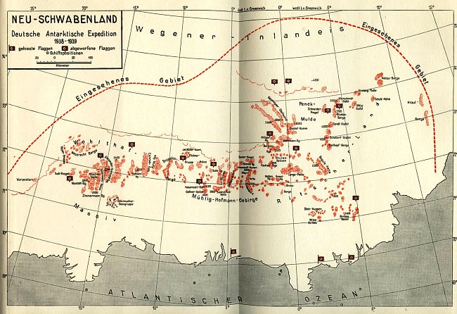 Výsledek práce německé antarktické expedice v roce 1938.
Prozkoumané území na mapě s vyznačenými místy, kde byly vztyčeny, nebo shozeny z letadel vlajky tehdejšího nacistického režimu.  
