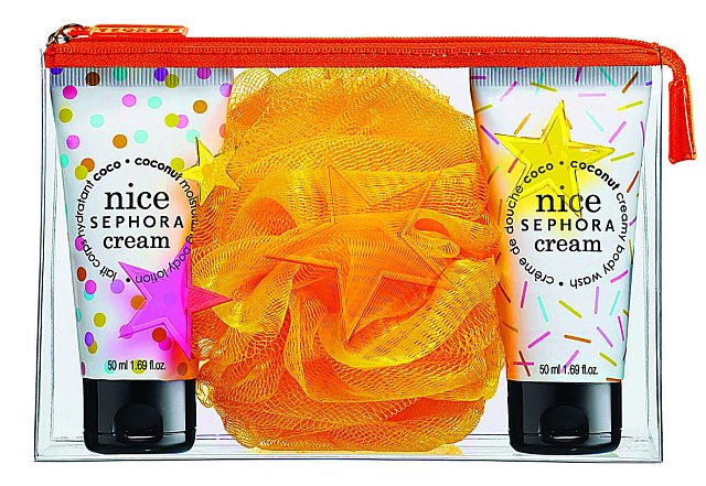 Cestovní souprava do sprchy Mini Pouch Nice Sephora Cream se sprchovým gelem, tělovým mlékem a houbičkou, Sephora, 50 ml + 50 ml 270 Kč
