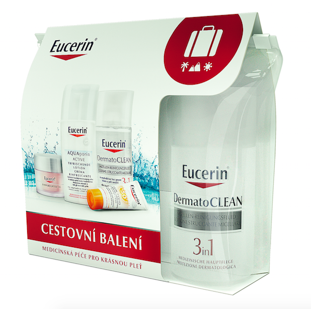 Cestovní balení Eucerin obsahuje tělové mléko, zmatňující emulzi na opalování, micerální vodu a depigmentační krém. Toto cestovní balení bude dárkem k nákupu výrobků Eucerin v hodnotě nad 699,- Kč.