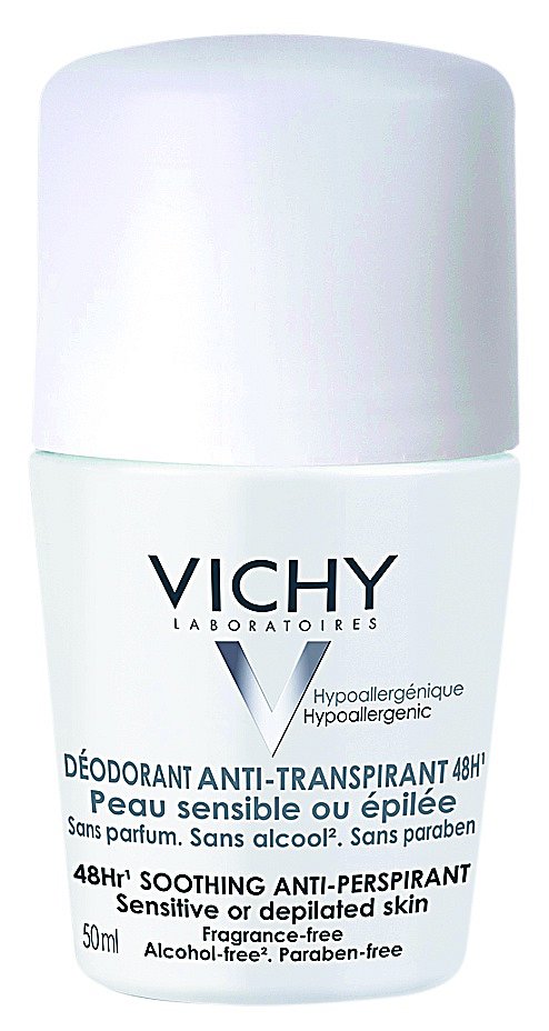 Kuličkový deodorant a antiperstpirant 48Hr Soothing Anti-perspirant pro citlivou a depilovanou pokožku, Vichy, 50 ml 299 Kč.