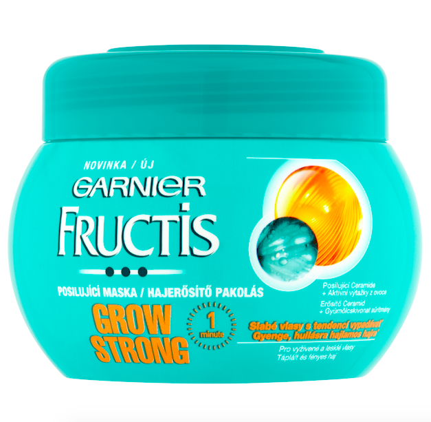 Maska Fructis Grow Strong od Garnier. Vlasy se po aplikaci okamžitě snadněji rozčesávají, cena 99 Kč.