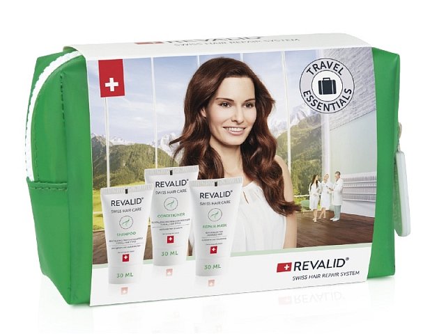 Cestovní balení kosmetiky Revalid, která je určena pro poškozené vlasy. V balíčku je šampon, kondicionér a intenzivní obnovující péče (maska). Obsahuje složky, které podporují obnovu buněk ve vlasové ppokožce a zklidňují ji. Cena 229 Kč.