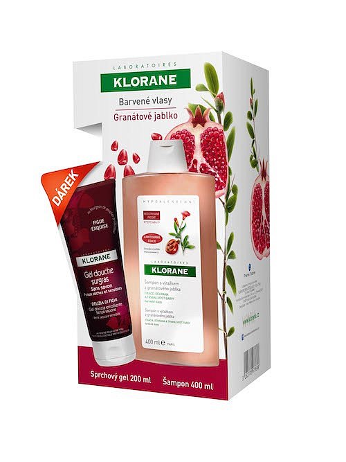 Vánoční balíček Klorane pro barvené vlasy Granátové jablko obsahuje sprchový gel a šampon. Cena 345 Kč.