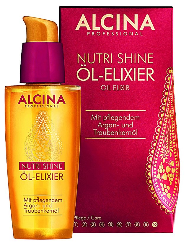 Olejový elixír Nutri Shine s lu- xusními výživnými ole- ji dodá suchým a mat- ným vlasům hedvábný lesk. Díky arganovému oleji jsou vlasy zdra- vé, olej z hroznových semínek zase působí proti poškození. (Alcina, 50ml 440Kč)