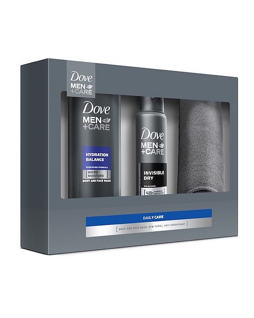 Dárková kazeta pro muže Dove FM Hydro Balanc, obsahuje sprchový del a deodorant, navíc s ručníkem.