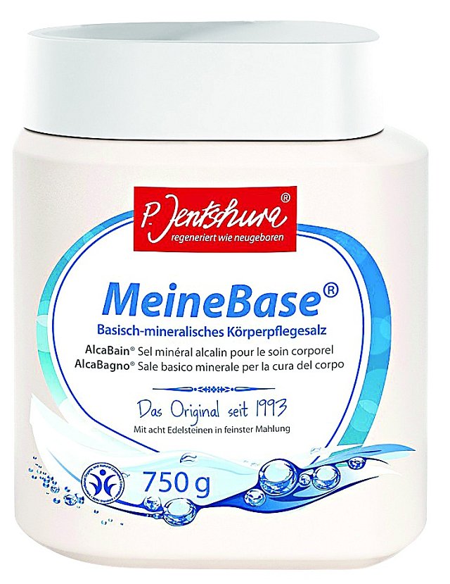 Zásaditá tělová sůl MeineBase® je vhodná k celotělovým a sedacím koupelím, ke sprchování a také ke koupelím nohou a rukou, 750 g 530 Kč.