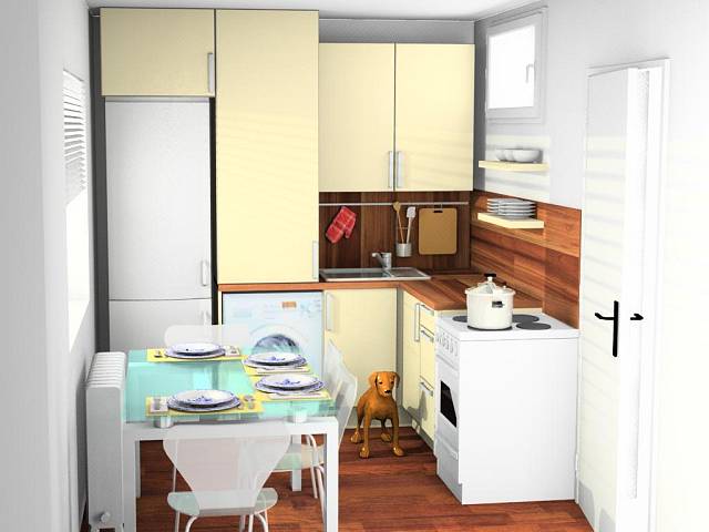 Jídelní stůl musí být v kuchyni. Obývací pokoj, kde se bude i spát, je na jeho umístění malý.