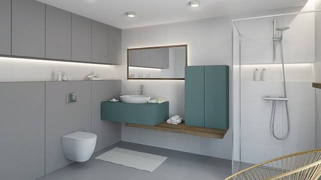 Koupelnový nábytek můžete mít i z nanolaminátu Fenix, který tvoří jednolitou vrstvu bez pórů. Nově se nabízí například v odstínech zelená a antracitově šedá, cena na dotaz.