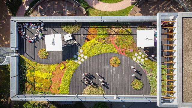 Zelená střecha na budově školy brání jejímu přehřívání v letních měsících a zároveň slouží jako učebna_foto Vojta Herout, soutěž Adapterra Awards