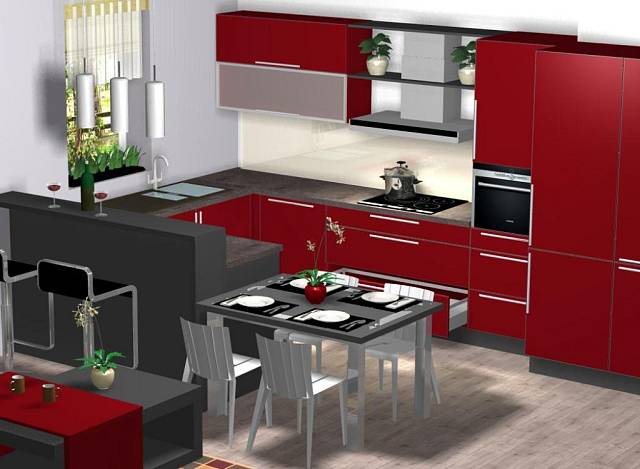 Kuchyni designérka navrhla do tvaru U, nabízí tak dostatek pracovního prostoru a také odděluje kuchyňskou část od obývací.