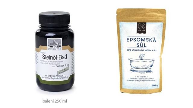 Zleva: Kamenný olej s vysoký podílem síry zmírňuje akutní i chronické potíže pohybového aparátu. Epsomská sůl uvolňuje svaly i psychiku, prodává se také s levandulí.