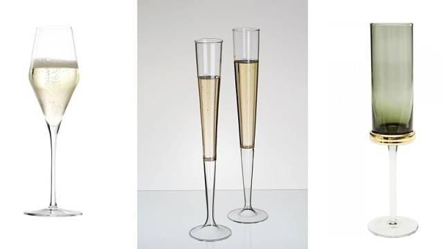 Na bublinky (zleva): křišťálová Quatrophil, cena 899 Kč za 6 kusů, hladké na šampaňské značky DT Glass, cena 468 Kč za 2 kusy v dárkové krabičce, kouřová z kolekce Innocent, cena 489 Kč