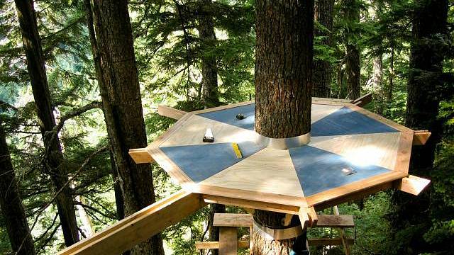 Joel Allen při stavbě svého lesního příbytku musel nejprve vytvořit kruhovou podlahu a na ni upevnil dřevěné ohýbané dýhy, jež se staly jakousi kostrou budoucího domu.