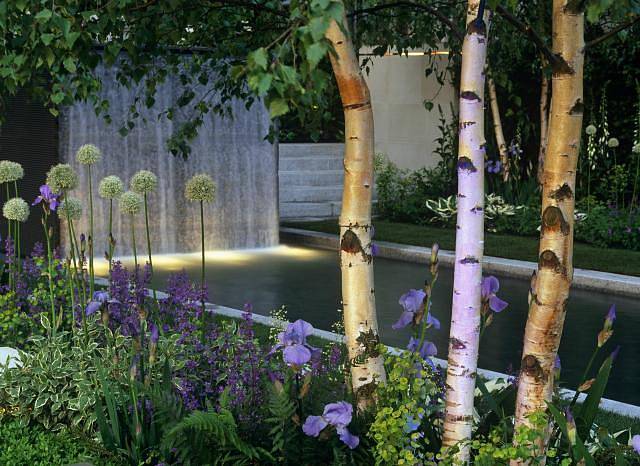 Knightsbridge Urban zahrada z květinové výstavy v Chelsea, Velká Británie. Na této zahradě dominuje bazén s vodopádem, který je obklopen z obou stran pruhy trávníku a záhony s břízami, kosatci, okrasným česnekem a dalšími letničkami.