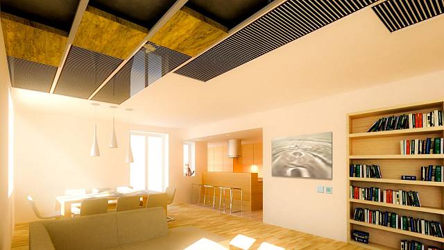 Stropní topné folie pomocí sálání ohřívají podlahu a další předměty, na které dopadá teplo v podobě infračerveného záření. 