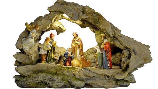 Svíticí betlém z polyresinu v tradičních vánočních barvách potěší, délka 31 cm, cena 1350 Kč.