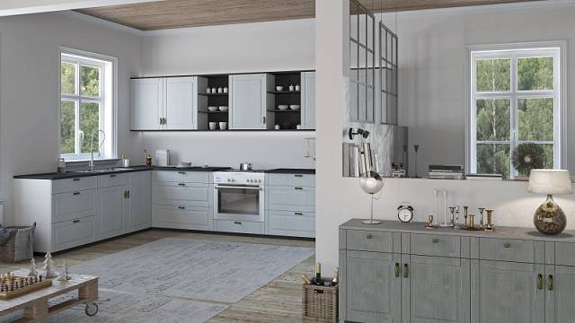 Kuchyně s masivními dvířky T.wood s čelní plochou upravenou drásáním, cena od 7465 Kč za 1 m²