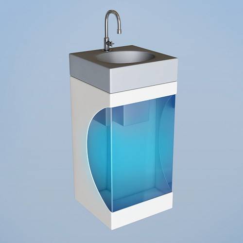 Beryllos, umyvadlo s dekorativní vodní nádrží jako elegantní solitér, kombinace materiálů DuPont Corian a  polymetylmetakrylát; design a vizualizace: Dimitri Ufimtsev