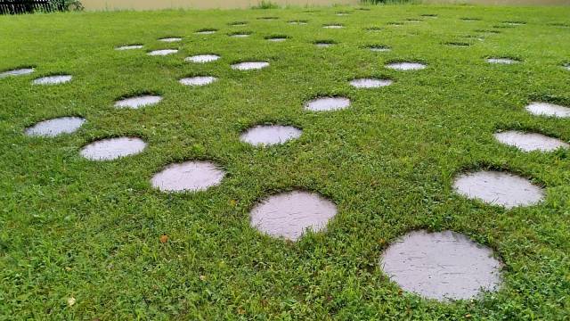 Kruhy sestavené na trávníku do schématu společenské hry Člověče nezlob se