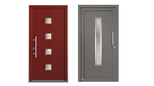 Vlevo: Dřevo má v případě vchodových dveří výbornou tvarovou stabilitu, díky hranolům ze tří až čtyř vrstev. Vpravo: Plast v barvě antracitu nemusíte na pohled rozeznat od moderního, ale dražšího hliníku.