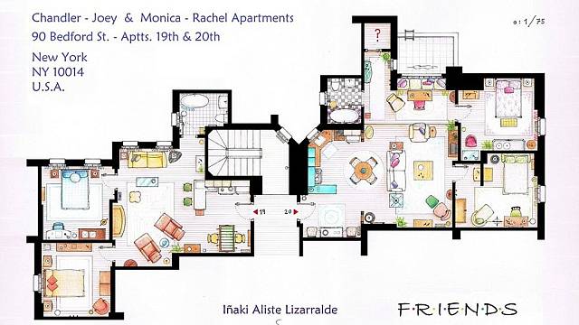 Dva newyorské byty ze seriálu Přátelé, které sdílí Joey s Chandlerem a Monika s Rachel. V půdorysu jsou krásně vidět všechny ložnice, obě společenské části a kuchyňský stůl, kde se odehrálo mnoho důležitých scén tohoto populárního sitcomu....