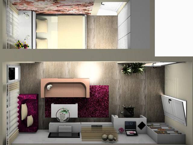3D návrh - obývací pokoj s ložnicí 4