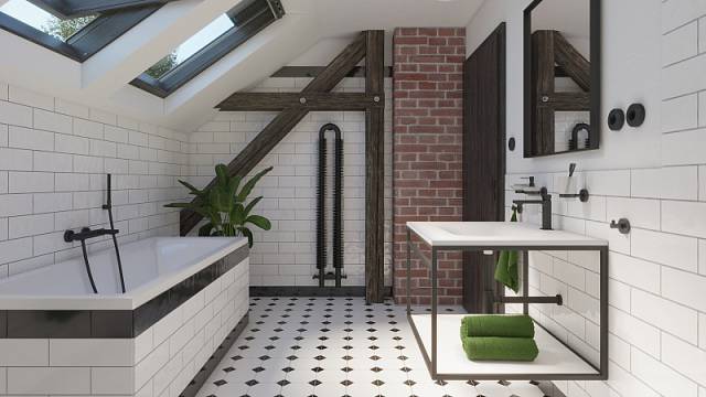 Koupelnu s nádechem retro stylu podporuje mozaika použitá na podlaze.