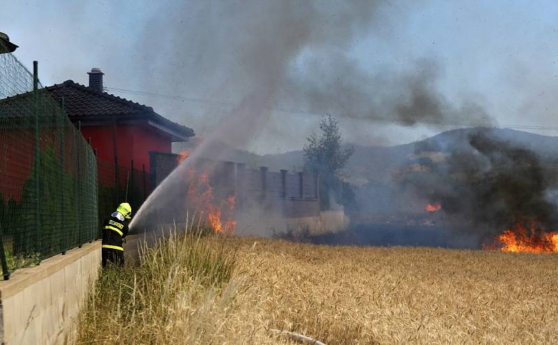 Požár pole u trati mezi Lovosicemi a Ústím ohrožuje i rodinné domy