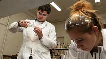 Zájemci o chemické obory se mohli při dnu otevřených dveří podívat na praktickou přípravu žáků v laboratoři. 