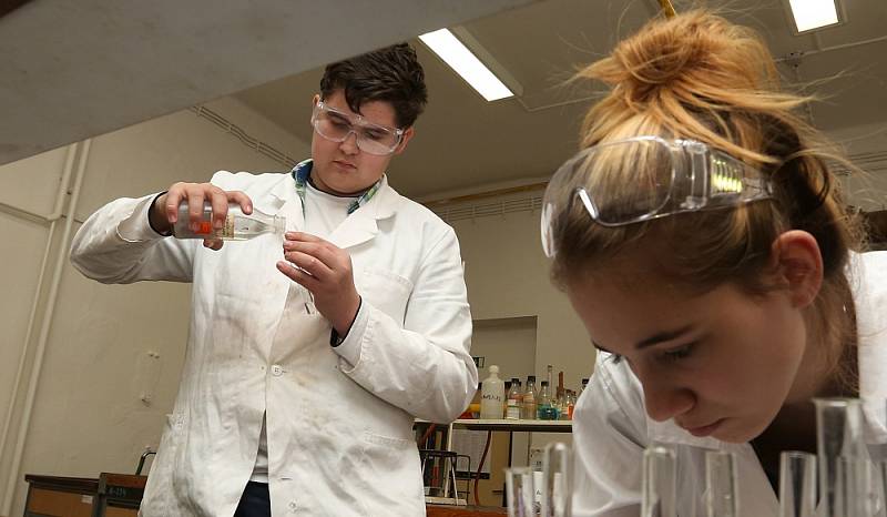 Zájemci o chemické obory se mohli při dnu otevřených dveří podívat na praktickou přípravu žáků v laboratoři. 