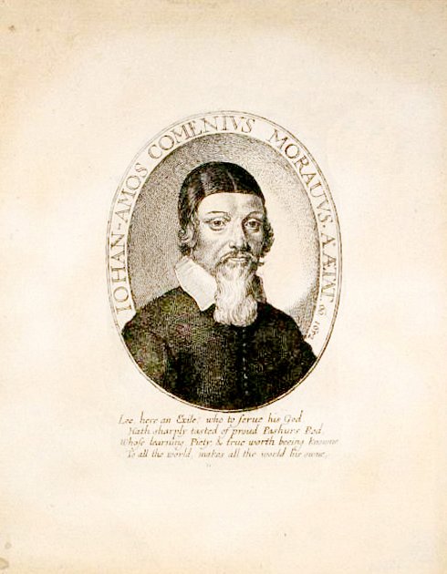 George Glover - Jan Amos Komenský, A Reformation of Scholees, ryto v Londýně v roce 1642 (Praha, Národní knihovna České republiky) – nejstarší známé a dochované vyobrazení Komenského.