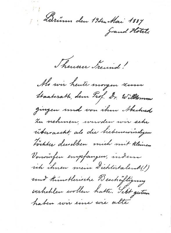 Rizalův dopis z Brna po návštěvě - první strana.