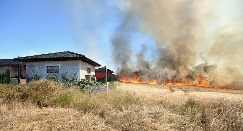 Požár pole u trati mezi Lovosicemi a Ústím ohrožuje i rodinné domy