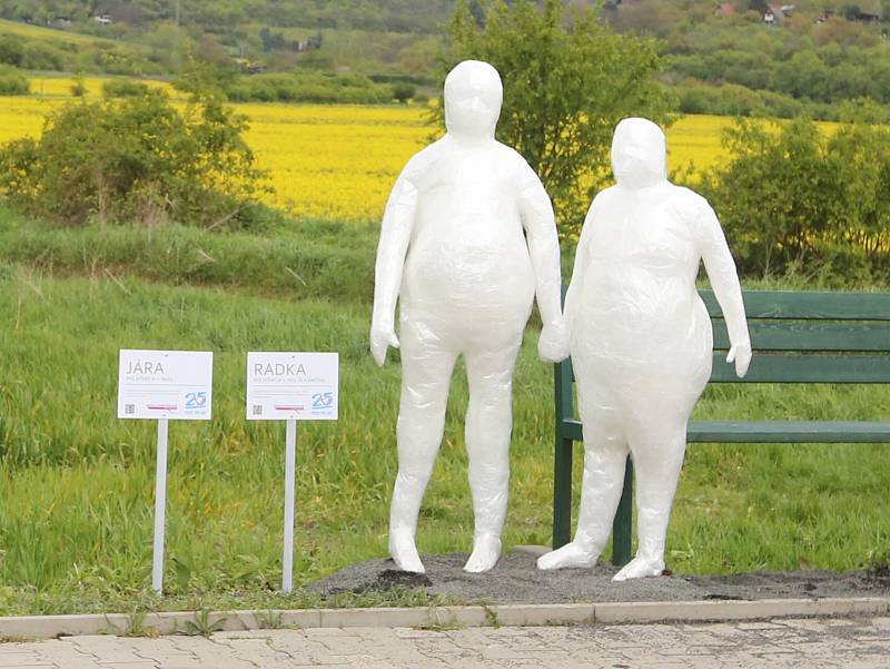 JEŠTĚ při zahájení výstavy venkovní výstavy soch klientů Diakonie byli Jára a Radka na chodníku vedoucím z Litoměřic do Žitenic spolu. Nyní ale Járu někdo ukradl.