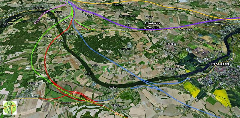 Zelenou, modrou a červenou barvou jsou znázorněny varianty VRT, které jsou aktuálně na stole. Žluté přerušované čáry představují stávající železnici. Plná žlutá čára značí dálnici D8 a fialová ukazuje ochranné pásmo původně navržené trasy VRT zanesené v Z