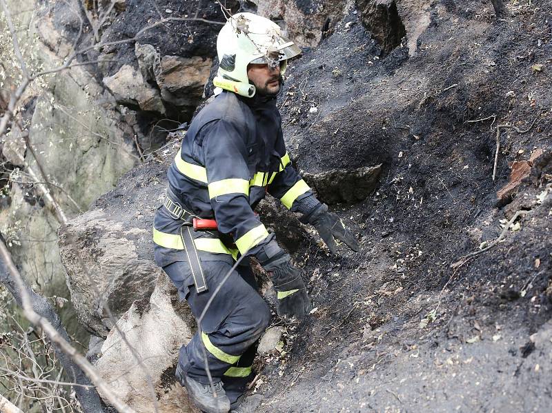 V Litochovicích nad Labem hasiči stále nezkrotili plameny. Ani po čtyřech dnech nedal oheň pokoj a tak hasiči několikrát denně vyjíždějí a hasí ohniska hluboko ve skalách.