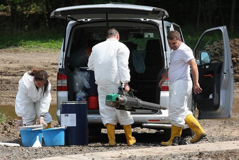 CHEMIE. Pracovníci dezinsekční a deratizační firmy likvidují larvy i vylíhnuté komáry v Bohušovicích. V terénu nyní budou každý den, pokud to počasí dovolí.